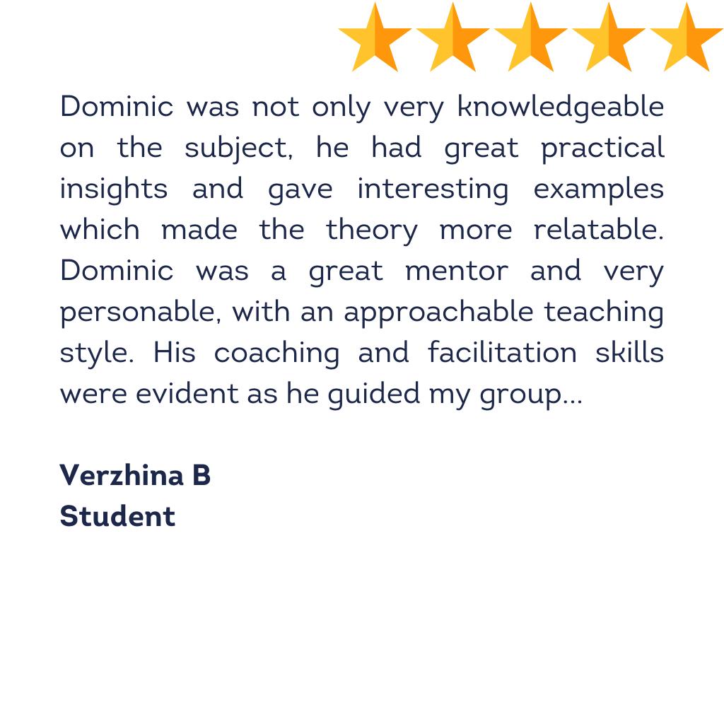 5 star testimonial from a Verzhina B, previous student