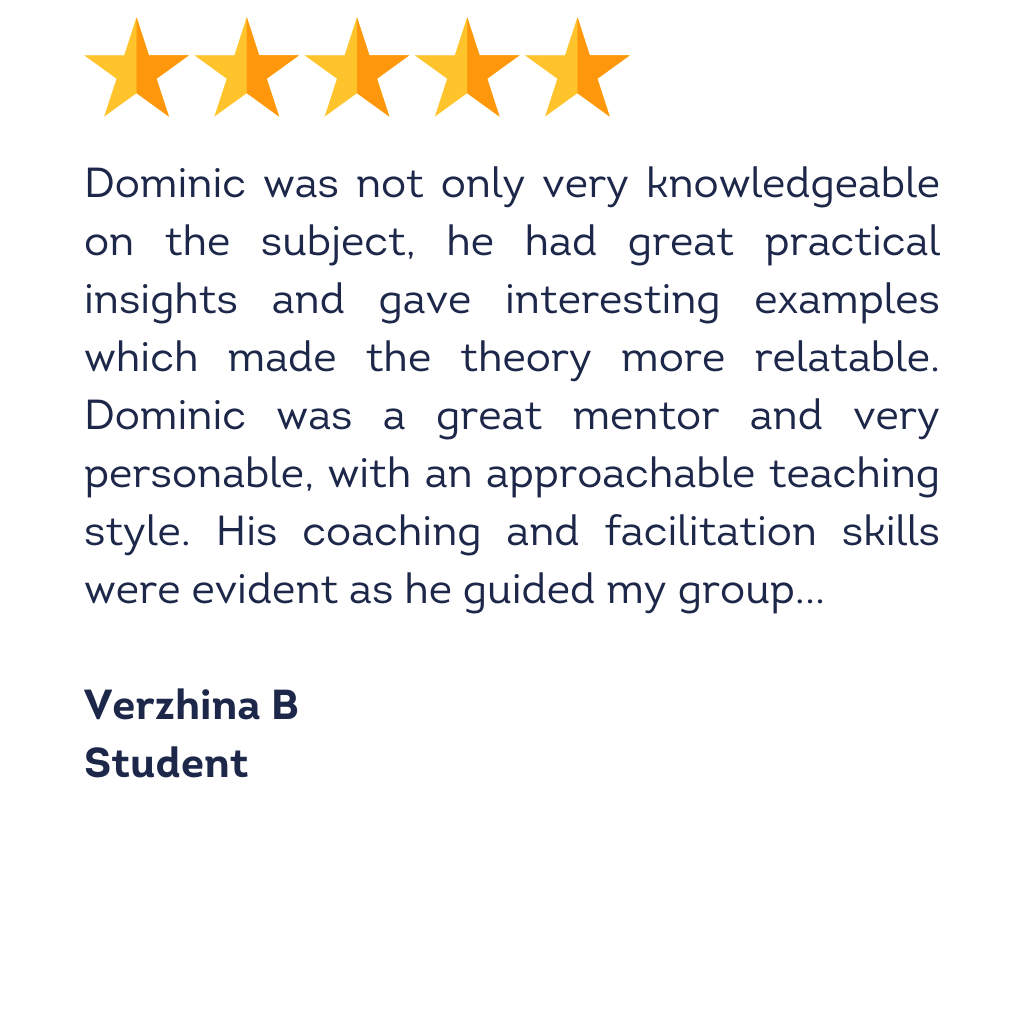5 star testimonial from a Verzhina B, previous student